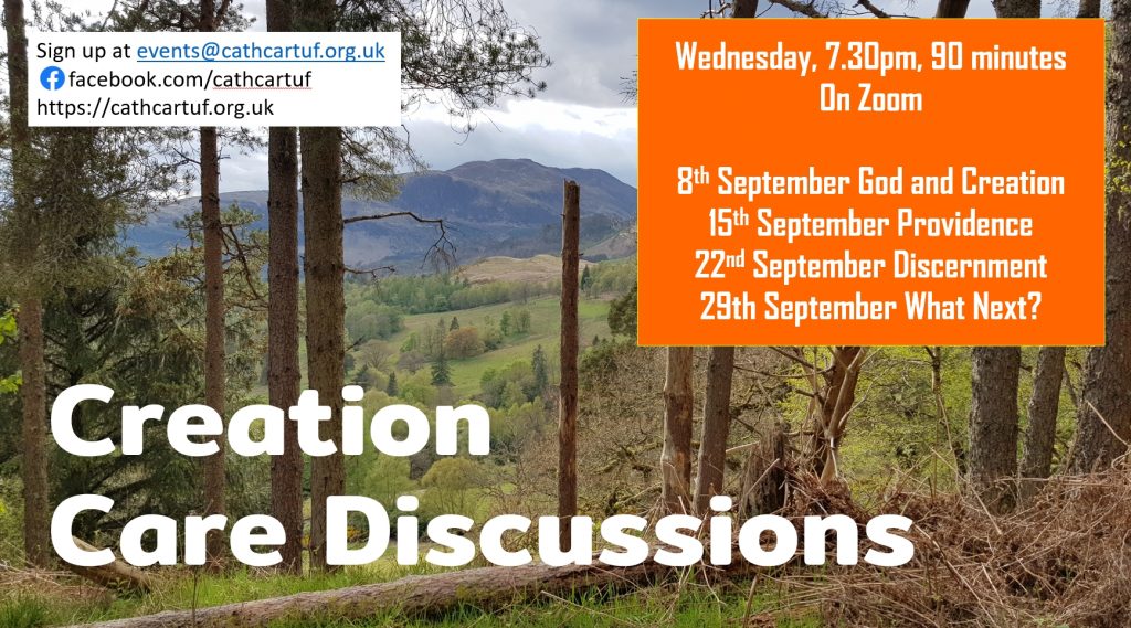 Creation Care Discussions event image with zoom dates 8, 15, 22,29 September