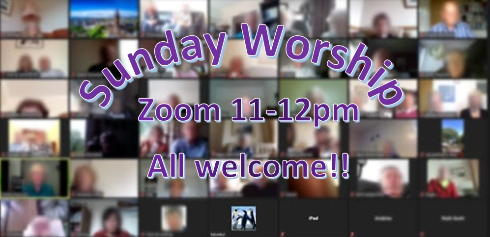 Text Sunday Worship Zoom 11-12 All Welcome text with Blurred zoom screen in background
